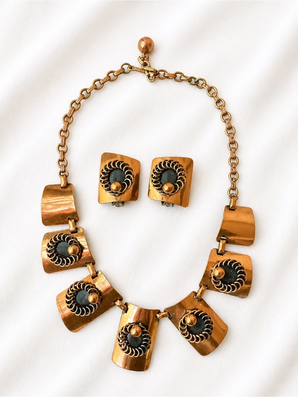 Vintage Copper Statement Necklace Set w Clip On Earrings Mid Century Modern Bold